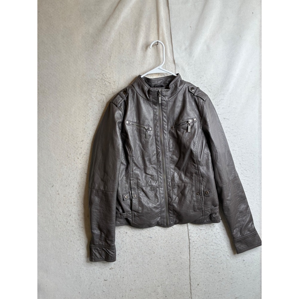 Urbanology Womens Faux Leather Moto Jacket Gray Faux Fur Lined Size M 9302